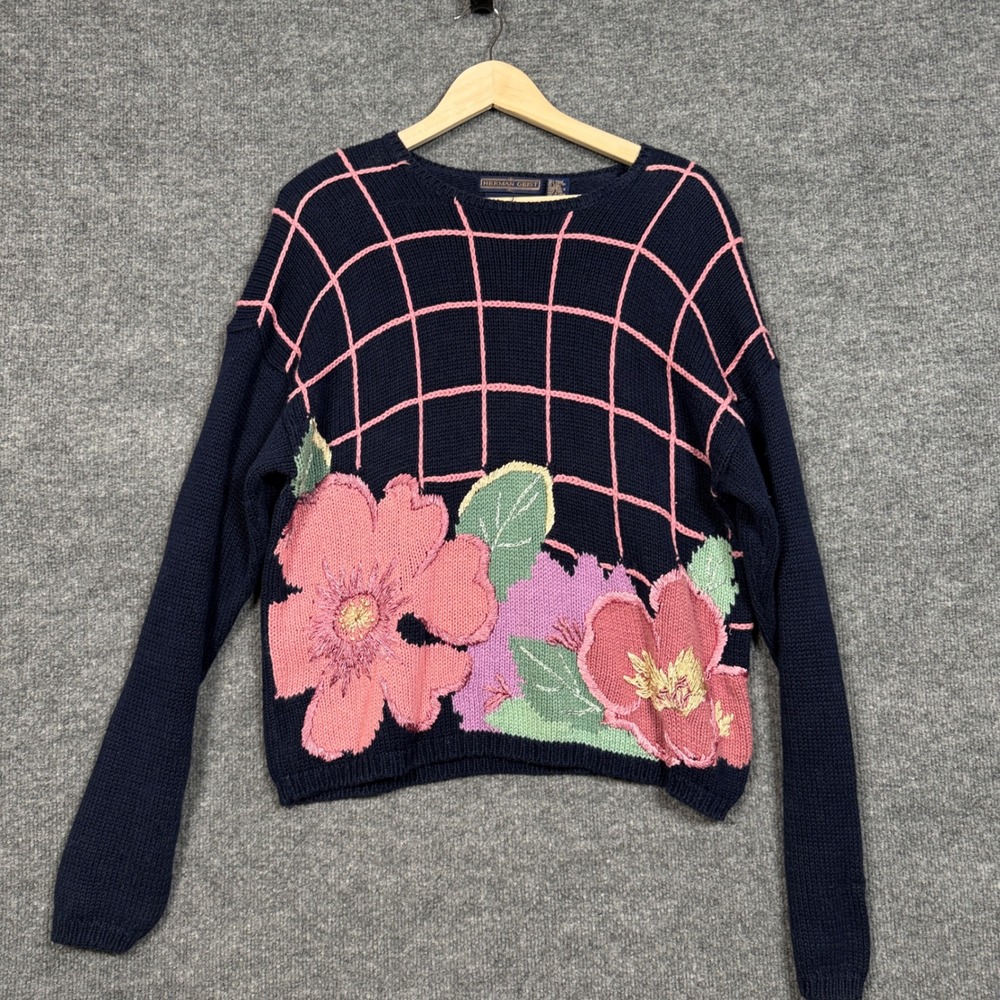Vtg Herman Geist XL Sweater Black Pink Ramie Cotton Embroidered Flower Grandma